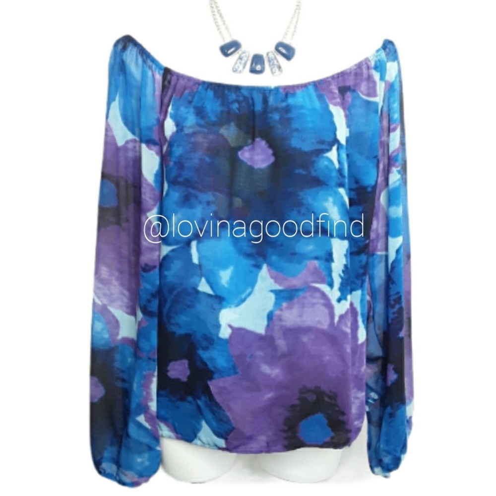 Nine West Off-the-Shoulder Abstract Floral Blouse EUC sz S